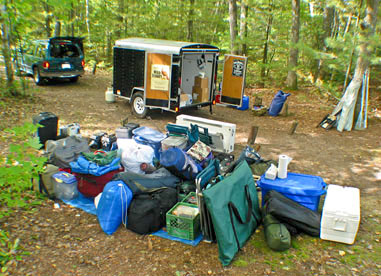 Piles of camping gear